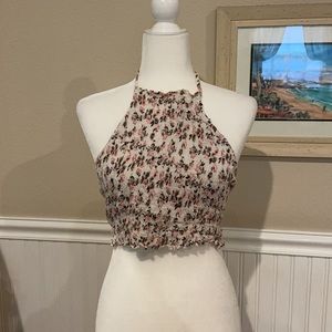 Forever 21 Floral Halter Crop Top Pink White Stretchy High Neck Tie Back Medium